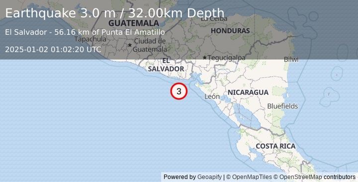 Earthquake OFFSHORE EL SALVADOR (3.0 m) (2025-01-02 01:02:20 UTC)