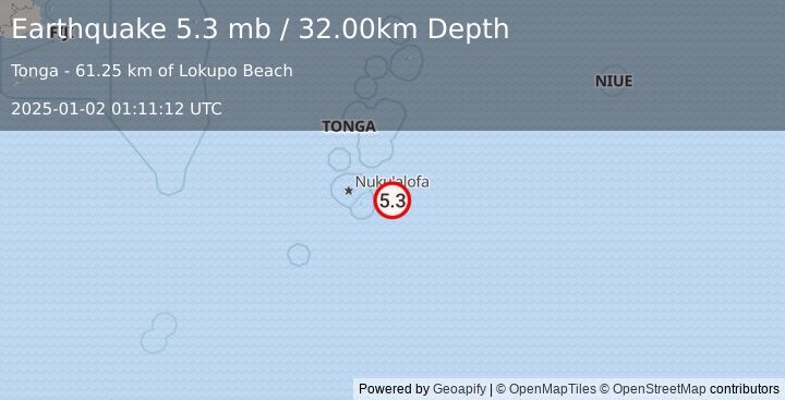 Earthquake TONGA (5.3 mb) (2025-01-02 01:11:12 UTC)