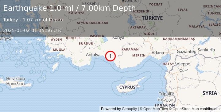 Earthquake WESTERN TURKEY (1.0 ml) (2025-01-02 01:15:56 UTC)