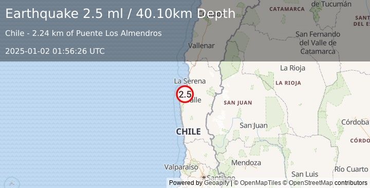 Earthquake COQUIMBO, CHILE (2.5 ml) (2025-01-02 01:56:26 UTC)