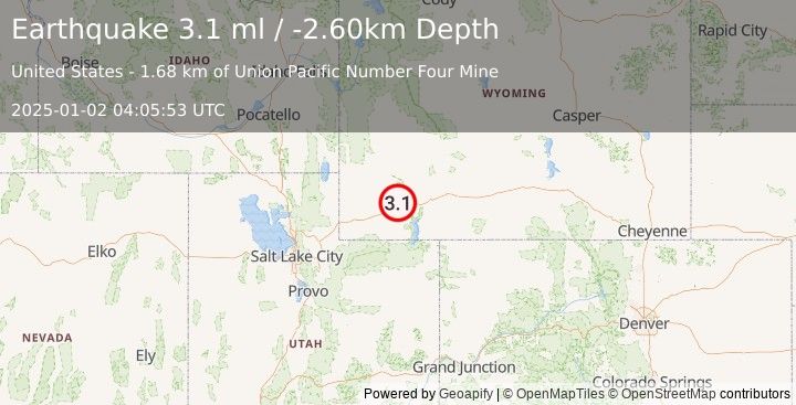 Earthquake WYOMING (3.1 ml) (2025-01-02 04:05:53 UTC)