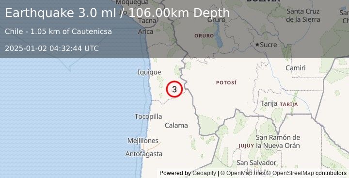 Earthquake TARAPACA, CHILE (3.0 ml) (2025-01-02 04:32:44 UTC)