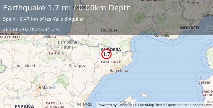 Earthquake PYRENEES (1.7 ml) (2025-01-02 05:45:34 UTC)