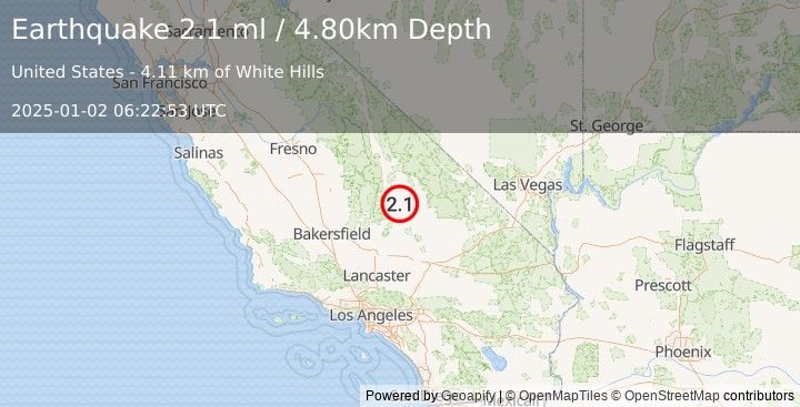 Earthquake CENTRAL CALIFORNIA (2.1 ml) (2025-01-02 06:22:53 UTC)