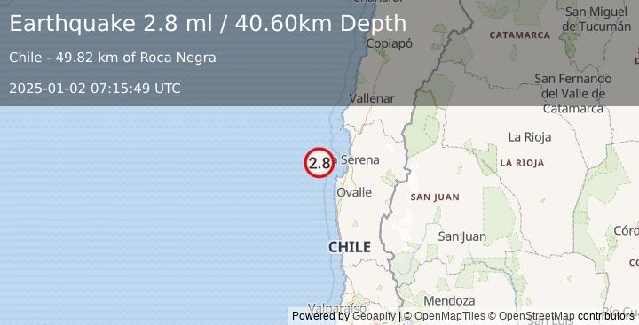 Earthquake OFFSHORE COQUIMBO, CHILE (2.8 ml) (2025-01-02 07:15:49 UTC)