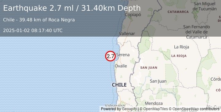 Earthquake OFFSHORE COQUIMBO, CHILE (2.7 ml) (2025-01-02 08:17:40 UTC)