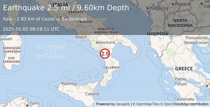 Earthquake SOUTHERN ITALY (2.5 ml) (2025-01-02 09:19:11 UTC)