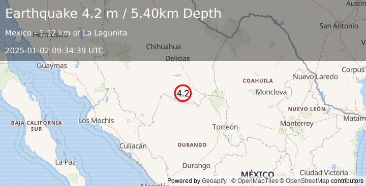 Earthquake CHIHUAHUA, MEXICO (4.2 m) (2025-01-02 09:34:39 UTC)