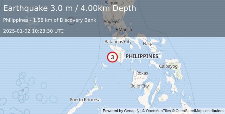 Earthquake MINDORO, PHILIPPINES (3.0 m) (2025-01-02 10:23:30 UTC)