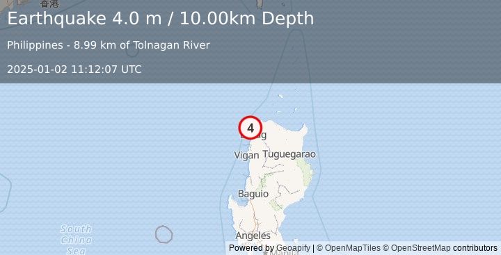 Earthquake LUZON, PHILIPPINES (4.0 m) (2025-01-02 11:12:07 UTC)