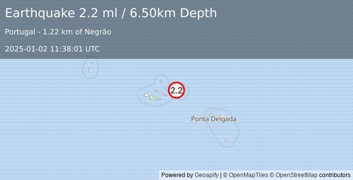 Earthquake AZORES ISLANDS, PORTUGAL (2.2 ml) (2025-01-02 11:38:01 UTC)