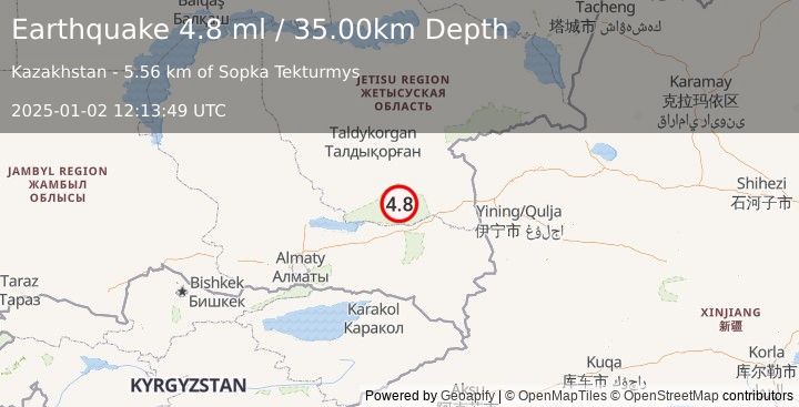 Earthquake EASTERN KAZAKHSTAN (4.9 mb) (2025-01-02 12:13:45 UTC)