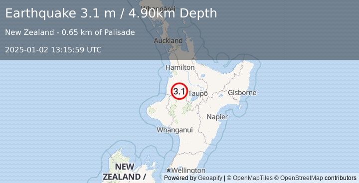 Earthquake NORTH ISLAND OF NEW ZEALAND (3.1 m) (2025-01-02 13:15:59 UTC)