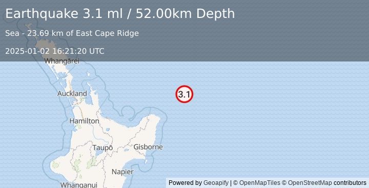 Earthquake OFF E. COAST OF N. ISLAND, N.Z. (3.1 ml) (2025-01-02 16:21:20 UTC)