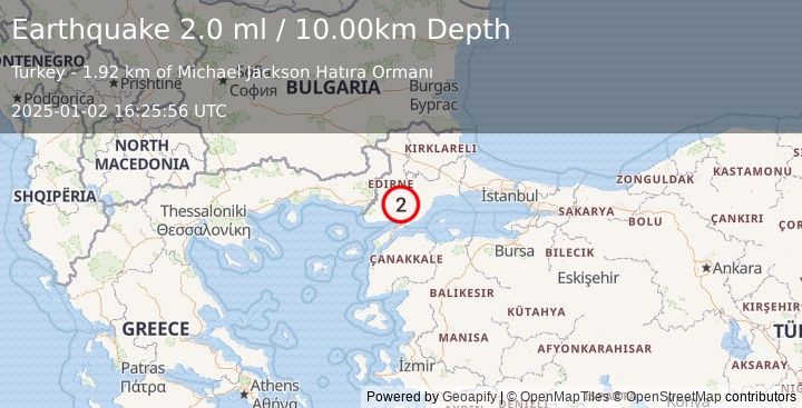 Earthquake WESTERN TURKEY (1.9 ml) (2025-01-02 16:25:55 UTC)