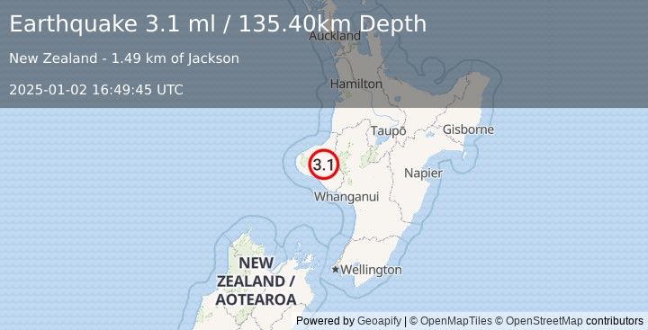 Earthquake NORTH ISLAND OF NEW ZEALAND (3.1 ml) (2025-01-02 16:49:45 UTC)