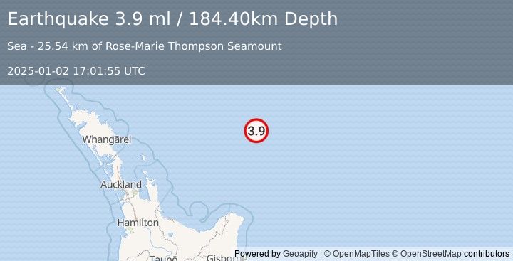 Earthquake OFF E. COAST OF N. ISLAND, N.Z. (3.9 ml) (2025-01-02 17:01:55 UTC)