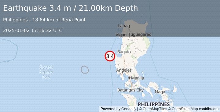 Earthquake LUZON, PHILIPPINES (3.4 m) (2025-01-02 17:16:32 UTC)