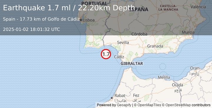 Earthquake STRAIT OF GIBRALTAR (1.7 ml) (2025-01-02 18:01:32 UTC)