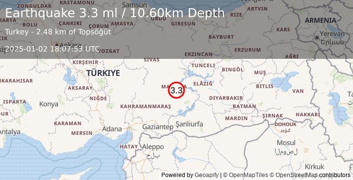 Earthquake EASTERN TURKEY (3.3 ml) (2025-01-02 18:07:53 UTC)