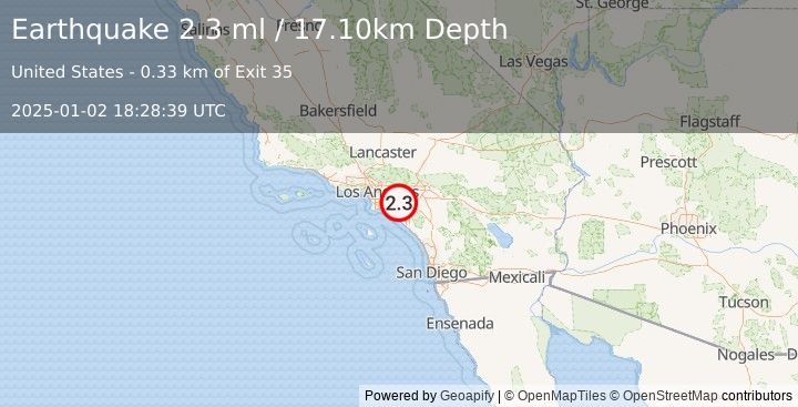 Earthquake GREATER LOS ANGELES AREA, CALIF. (2.3 ml) (2025-01-02 18:28:39 UTC)