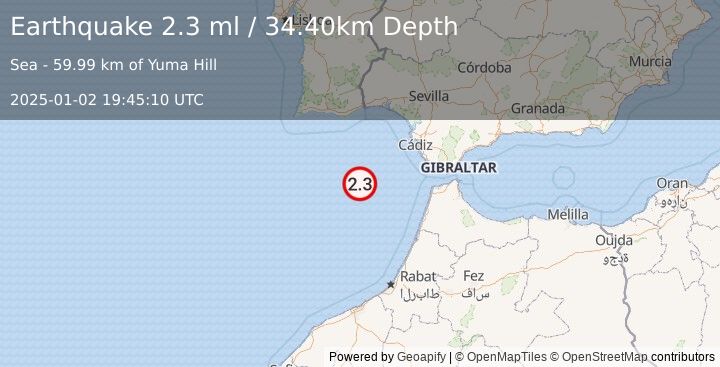 Earthquake STRAIT OF GIBRALTAR (2.3 ml) (2025-01-02 19:45:10 UTC)