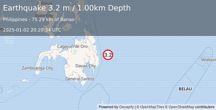 Earthquake PHILIPPINE ISLANDS REGION (3.2 m) (2025-01-02 20:20:34 UTC)