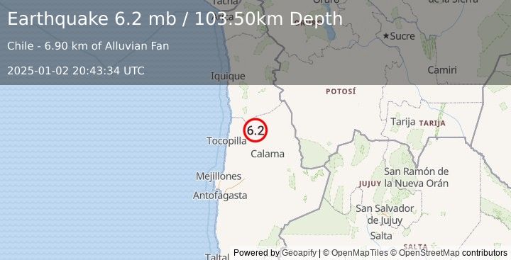 Earthquake ANTOFAGASTA, CHILE (6.1 mb) (2025-01-02 20:43:36 UTC)