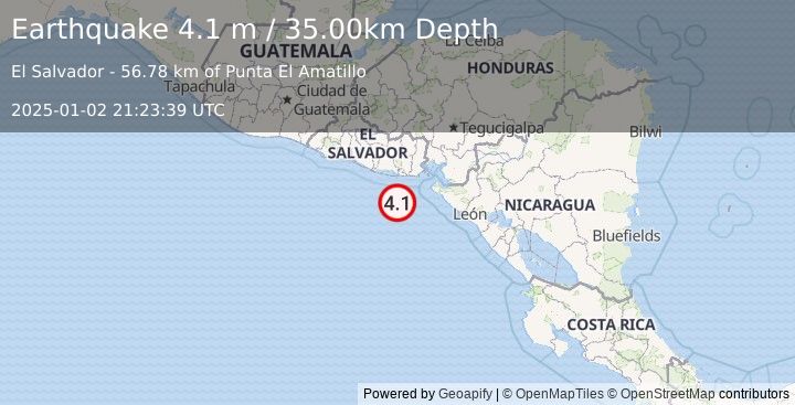 Earthquake OFFSHORE EL SALVADOR (4.1 m) (2025-01-02 21:23:39 UTC)