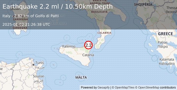 Earthquake SICILY, ITALY (2.2 ml) (2025-01-02 21:26:38 UTC)