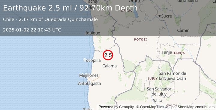 Earthquake ANTOFAGASTA, CHILE (2.5 ml) (2025-01-02 22:10:43 UTC)