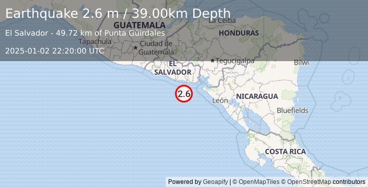 Earthquake OFFSHORE EL SALVADOR (2.6 m) (2025-01-02 22:20:00 UTC)