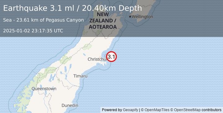 Earthquake OFF E. COAST OF S. ISLAND, N.Z. (3.1 ml) (2025-01-02 23:17:35 UTC)