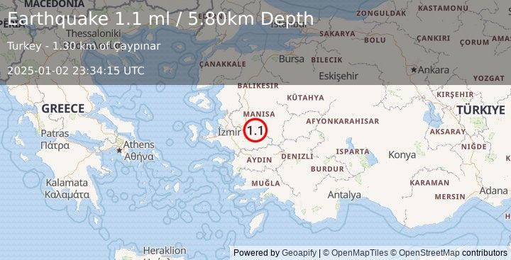 Earthquake WESTERN TURKEY (1.1 ml) (2025-01-02 23:34:15 UTC)