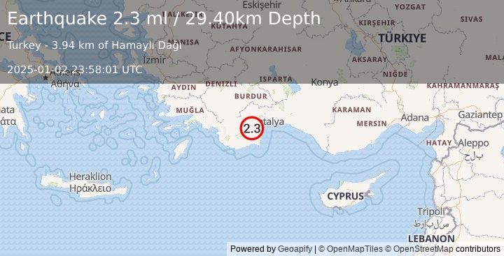 Earthquake WESTERN TURKEY (2.3 ml) (2025-01-02 23:58:01 UTC)