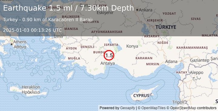 Earthquake WESTERN TURKEY (1.5 ml) (2025-01-03 00:13:26 UTC)