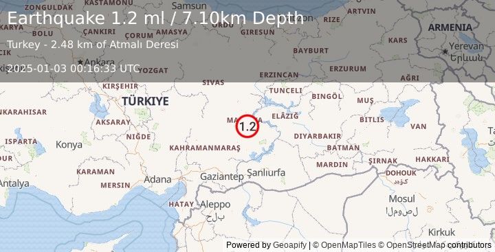 Earthquake EASTERN TURKEY (1.2 ml) (2025-01-03 00:16:33 UTC)