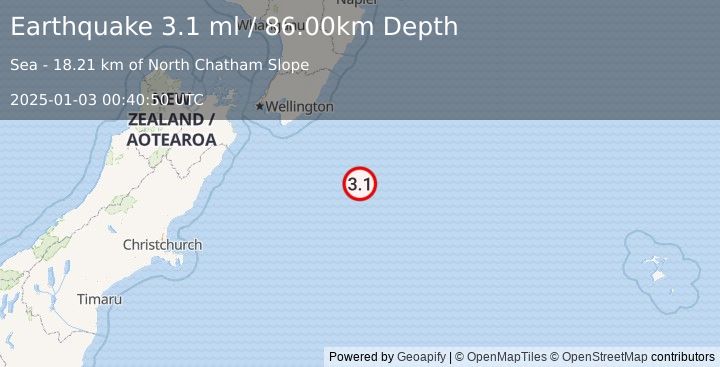 Earthquake OFF E. COAST OF S. ISLAND, N.Z. (3.1 ml) (2025-01-03 00:40:50 UTC)