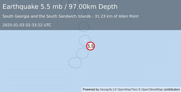 Earthquake SOUTH SANDWICH ISLANDS REGION (5.5 mb) (2025-01-03 02:33:22 UTC)