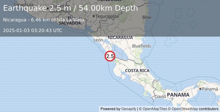 Earthquake NEAR COAST OF NICARAGUA (2.5 m) (2025-01-03 03:20:43 UTC)