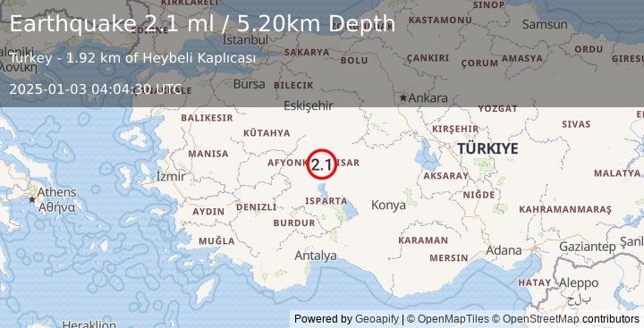 Earthquake WESTERN TURKEY (2.1 ml) (2025-01-03 04:04:30 UTC)