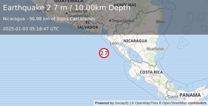 Earthquake NEAR COAST OF NICARAGUA (2.7 m) (2025-01-03 05:18:47 UTC)