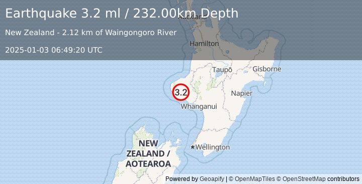 Earthquake NORTH ISLAND OF NEW ZEALAND (3.2 ml) (2025-01-03 06:49:20 UTC)