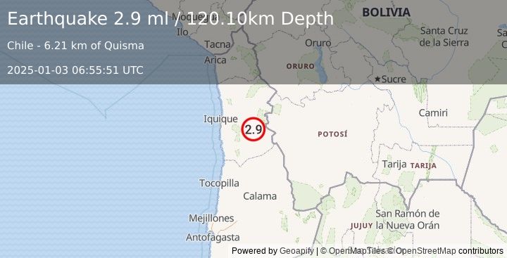 Earthquake TARAPACA, CHILE (2.9 ml) (2025-01-03 06:55:51 UTC)