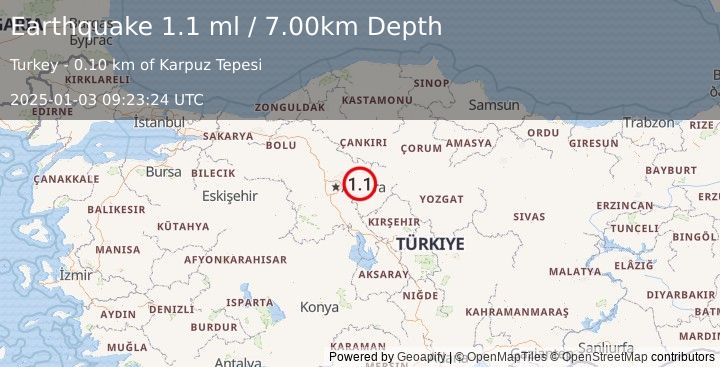 Earthquake CENTRAL TURKEY (1.1 ml) (2025-01-03 09:23:24 UTC)