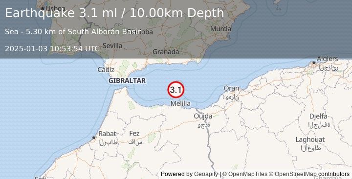 Earthquake STRAIT OF GIBRALTAR (3.1 ml) (2025-01-03 10:53:54 UTC)