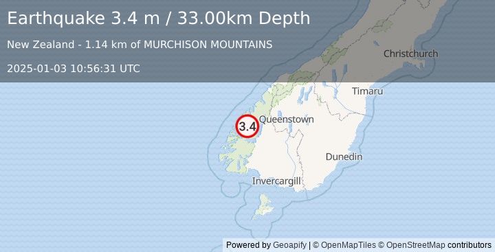 Earthquake SOUTH ISLAND OF NEW ZEALAND (3.4 m) (2025-01-03 10:56:31 UTC)