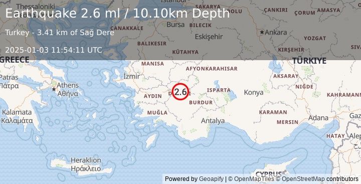 Earthquake WESTERN TURKEY (2.6 ml) (2025-01-03 11:54:11 UTC)