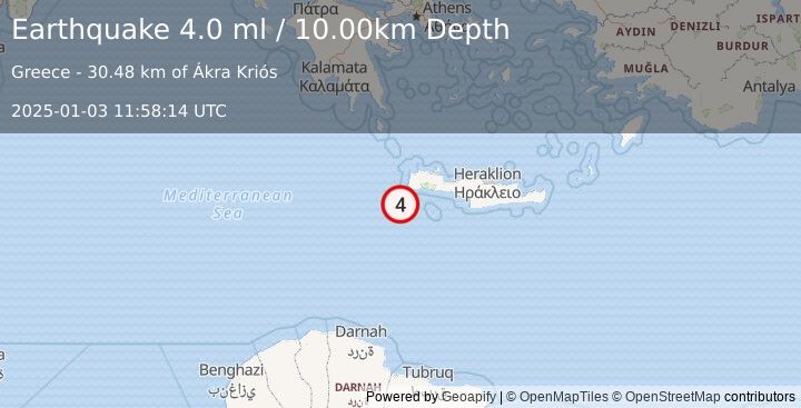 Earthquake CRETE, GREECE (4.0 ml) (2025-01-03 11:58:14 UTC)