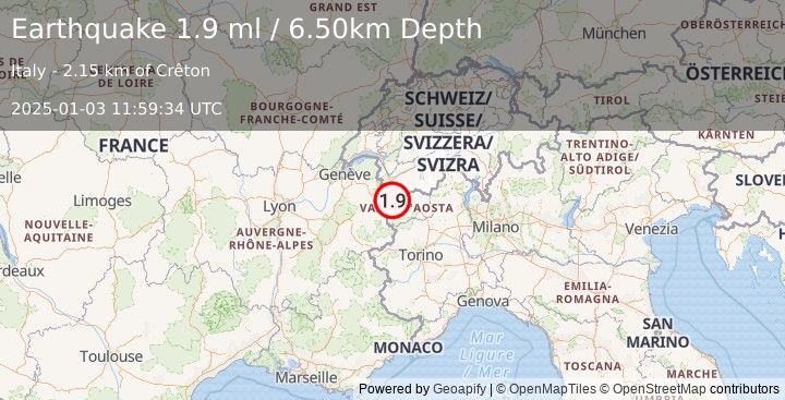 Earthquake NORTHERN ITALY (1.9 ml) (2025-01-03 11:59:34 UTC)